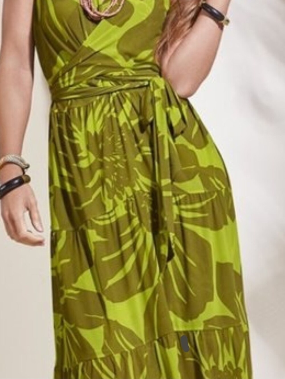 CAbi 5953 Tie Front Dress V-Neck Sleeveless Green Palm Tropical Floral Sz XL - Picture 5 of 7